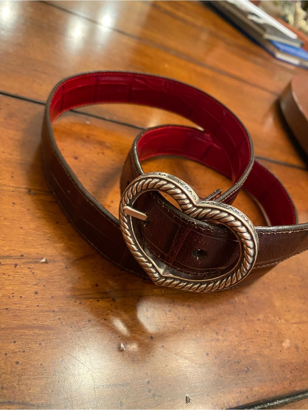 Brighton Heart Buckle Leather Reversible Crock Embossed Belt. Brown and Red M/L